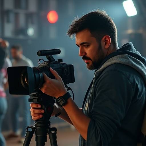 Portrait de Camille Bernard, directrice de la photographie, réglant l'éclairage sur un plateau.