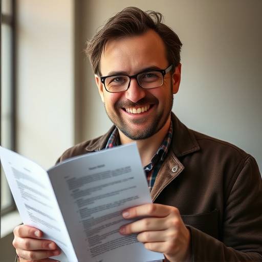 Portrait de Jean-Pierre Dubois, scénariste, souriant avec un scénario à la main.