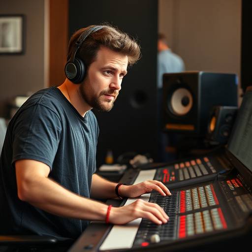 Portrait de Lucas Moreau, ingénieur du son, travaillant avec une console de mixage audio.