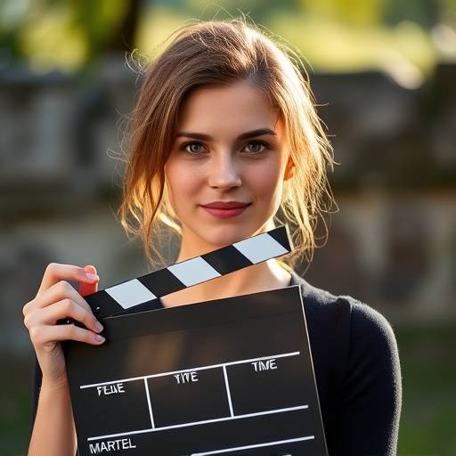 Portrait de Sophie Martel, réalisatrice, tenant un clap de cinéma.