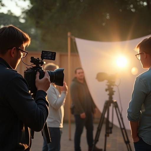Étudiants de l'École de Cinéma Lumière travaillant sur un tournage.